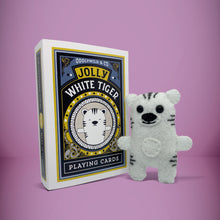Load image into Gallery viewer, Mini white tiger felt toy that comes in its own bespoke matchbox. Complete with pillow and bedding - perfect for tucking in at night time. Your little friend also comes with an adoption certificate, collectible playing card, and thank you card.